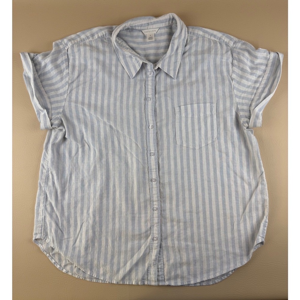 Coastal Cowgirl Linen Stripe Button Up Shirt Relaxed Beachy Caslon XL